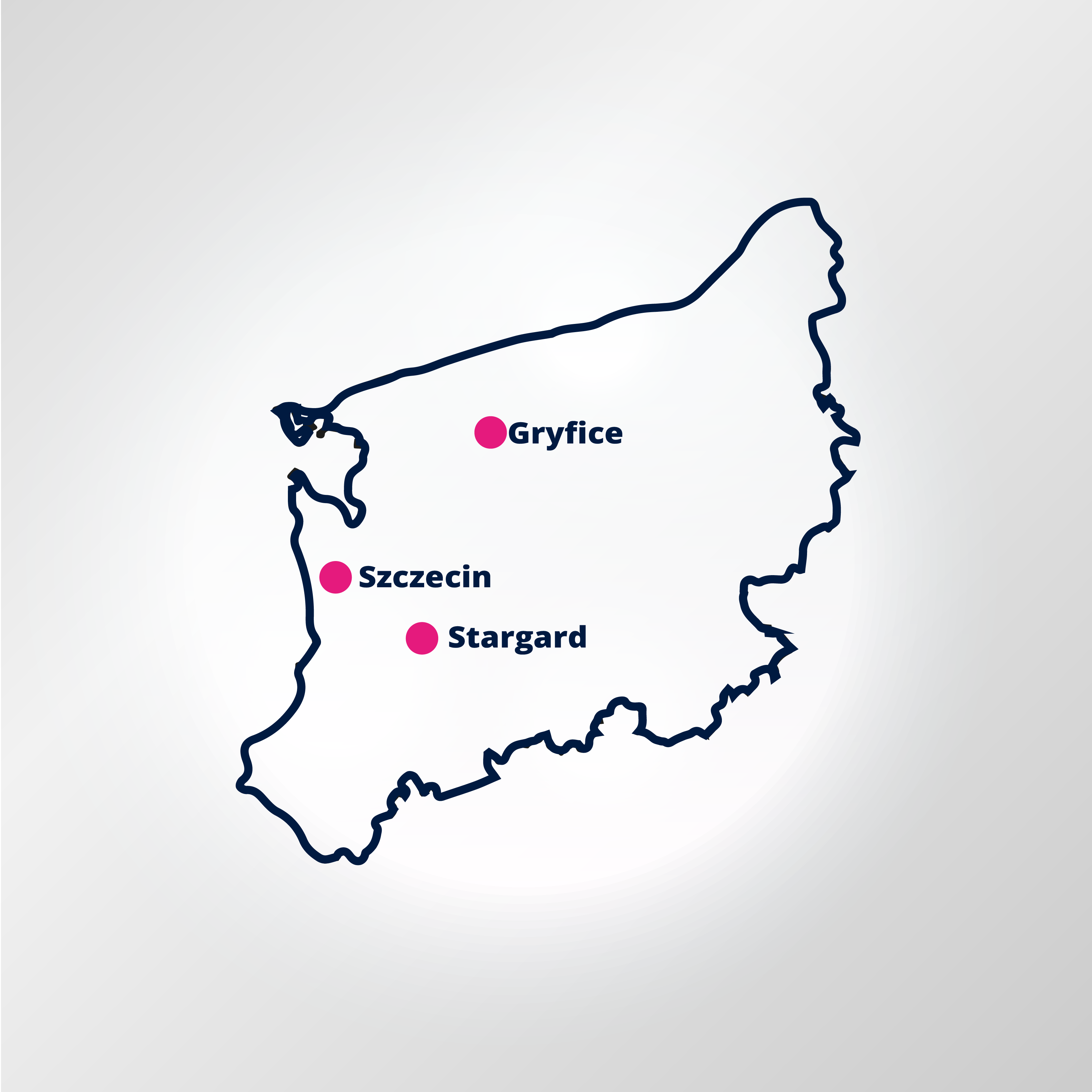 Kontur mapy województwa zachodniopomorskiego, z zaznaczonymi trzema miastami: Gryfice, Szczecin, Stargard