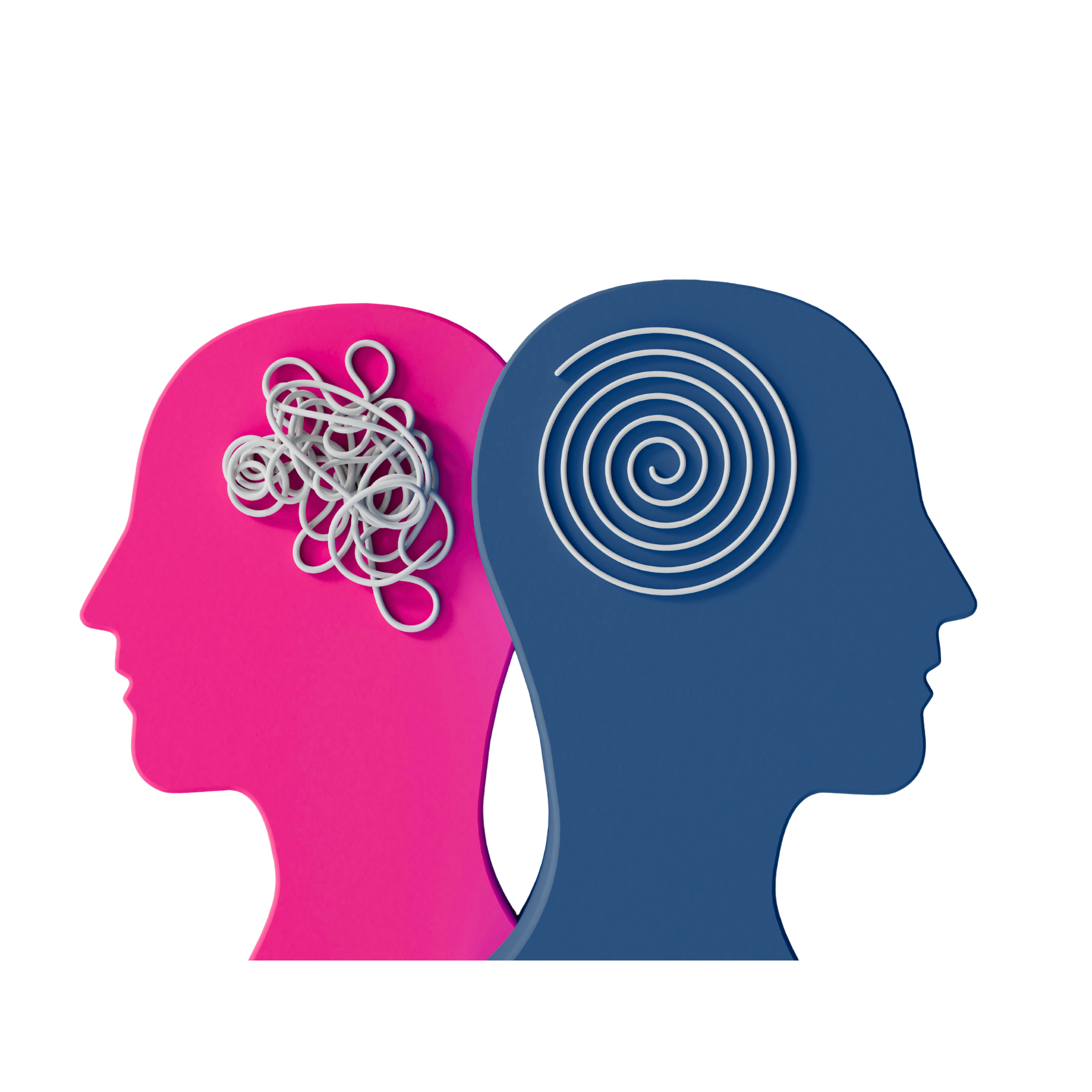 profile dwóch twarzy skierowanych do siebie tyłem w kolorach, różowy i granatowych, na pierwszym profilu splątany sznurek jest w miejscu gdzie znajduje się umysł, a na drugim profilu symetrycznie ułożona spirala