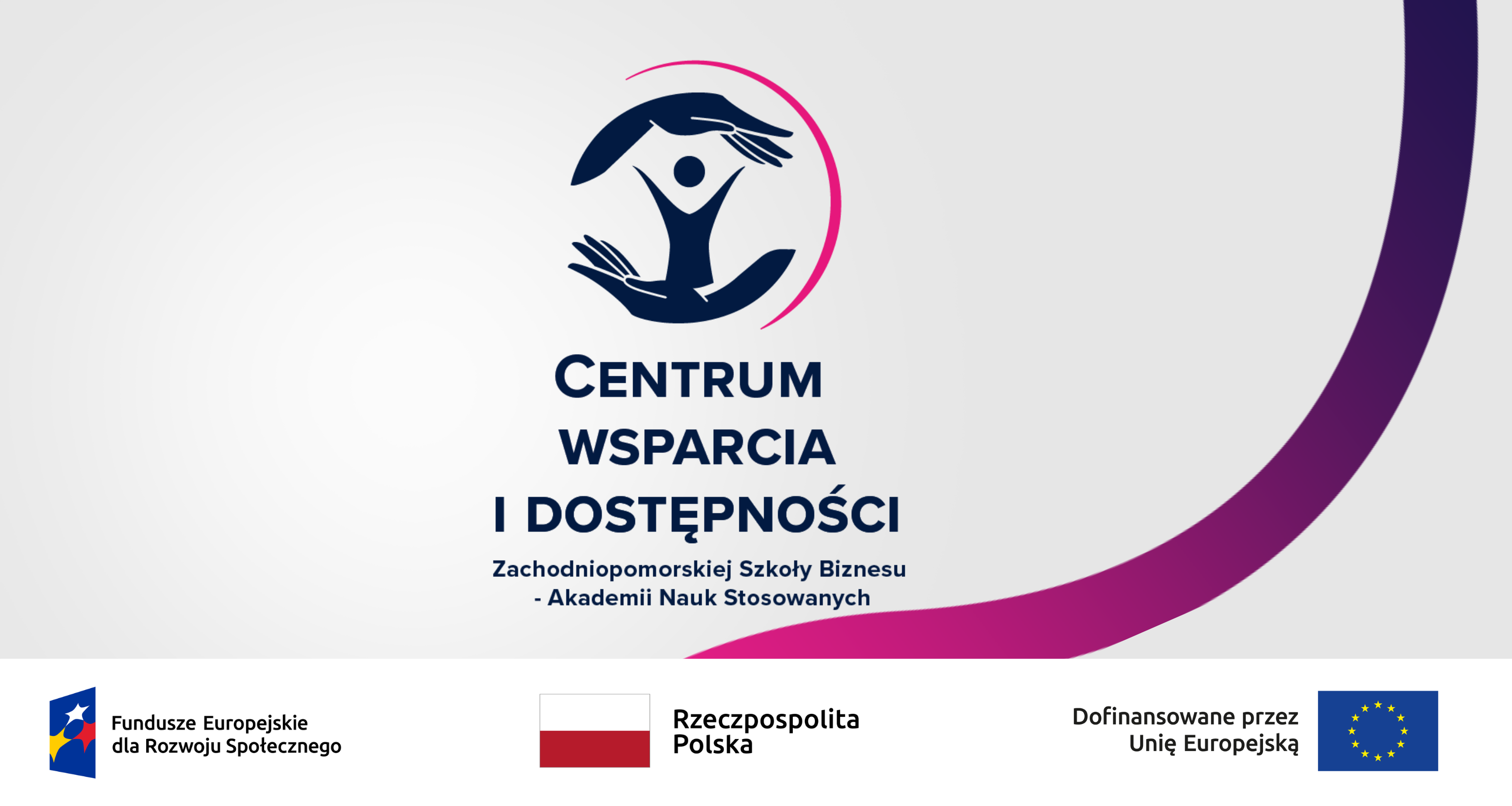 Logo Centrum Wsparcia i Dostępności, na szarym tle, w tle różowo-granatowa wstążka