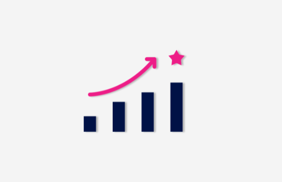 czterokolumnowy wykres wzrastający, nad nim strzałka skierowana w prawo, w kierunku wzrostu, na końcu różowa gwiazda