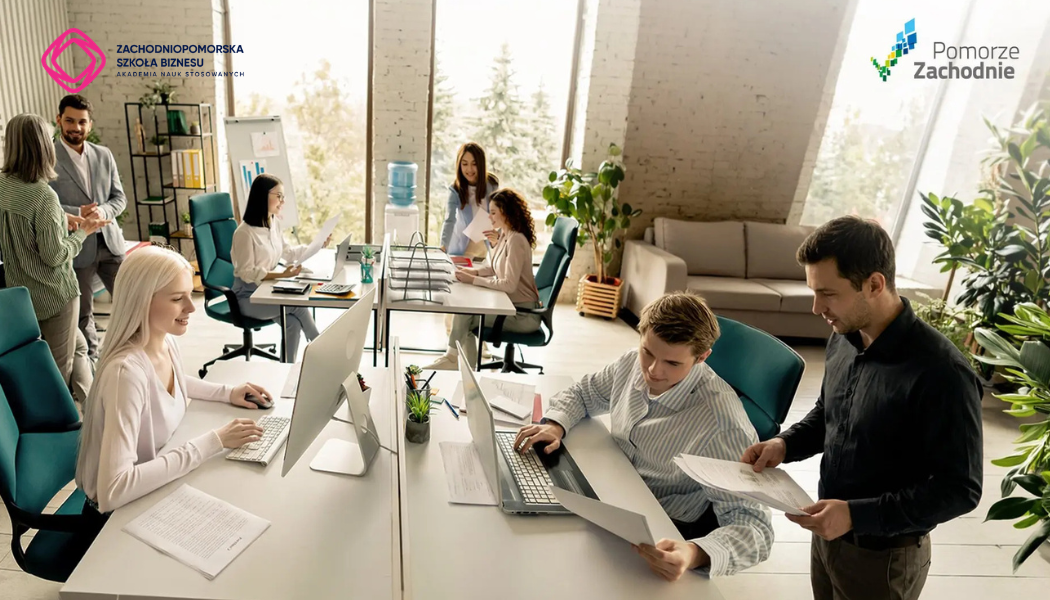 Grafika przedstawiająca ludzi w biurze z logo pomorza zachodniego i zpsb