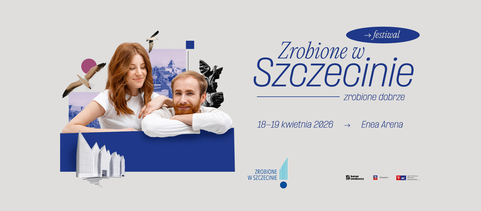 Grafika przedstawia parę młodych ludzi kobietę i mężczyznę na tle niebiesko fioletowych elementów. Grafika przedstawia zaproszenie na Festiwal "Zrobione w Szczecinie" w dniach 18 i 19 kwietnia