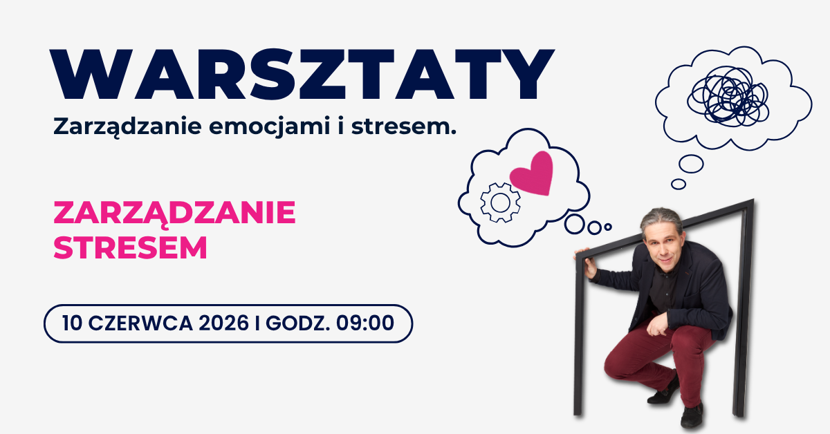 Warsztaty zarządzanie emocjami i stresem: Zarządzanie stresem, 10 czerwca, 2026, zdjęcie Jakuba Cichockiego nad jego głową dwie chmurki komiksowe w których narysowane są serce i koło zębate, a w drugiej zaplątana linia