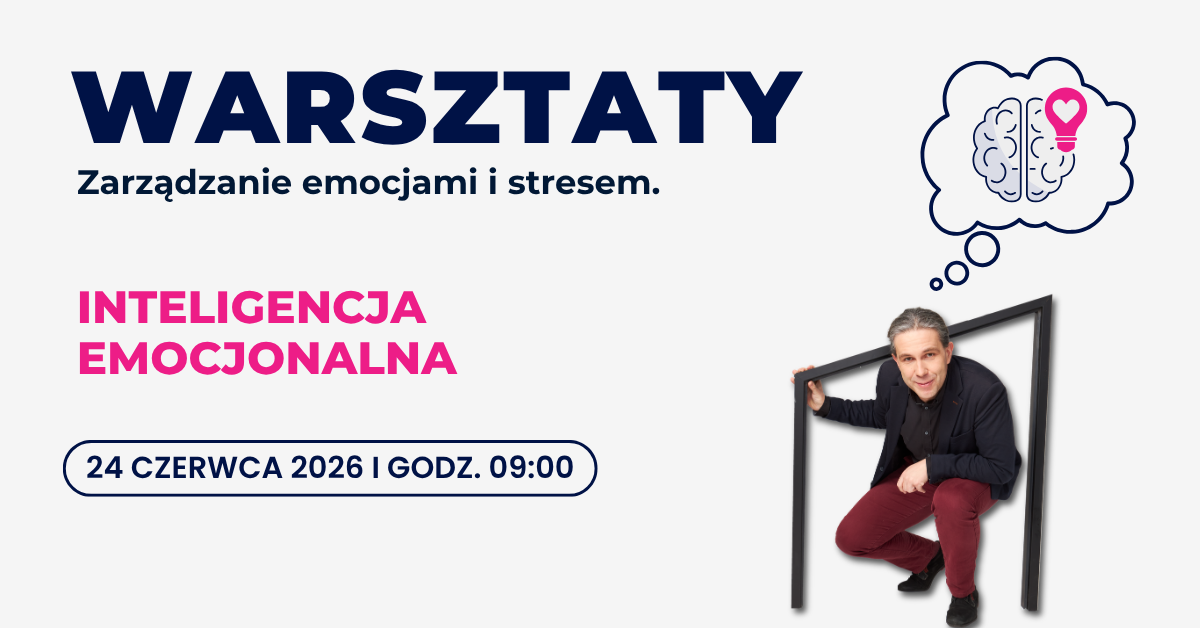 Warsztaty Zarządzanie emocjami i stresem: Inteligencja emocjonalna, zdjęcie Jakuba Cichockiego nad jego głowa jest chmurka komiksowa w której jest narysowany mózg z różową żarówką po prawej stronie w żarówkę wrysowane jest białę serce