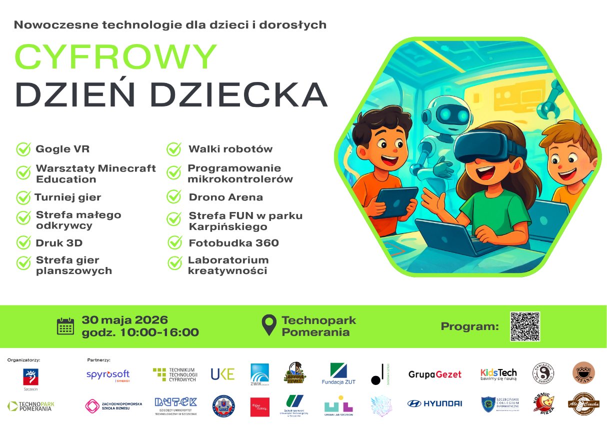 Plakat wydarzenia „Cyfrowy Dzień Dziecka” promujący warsztaty technologiczne, VR, robotykę i gry dla dzieci oraz dorosłych.