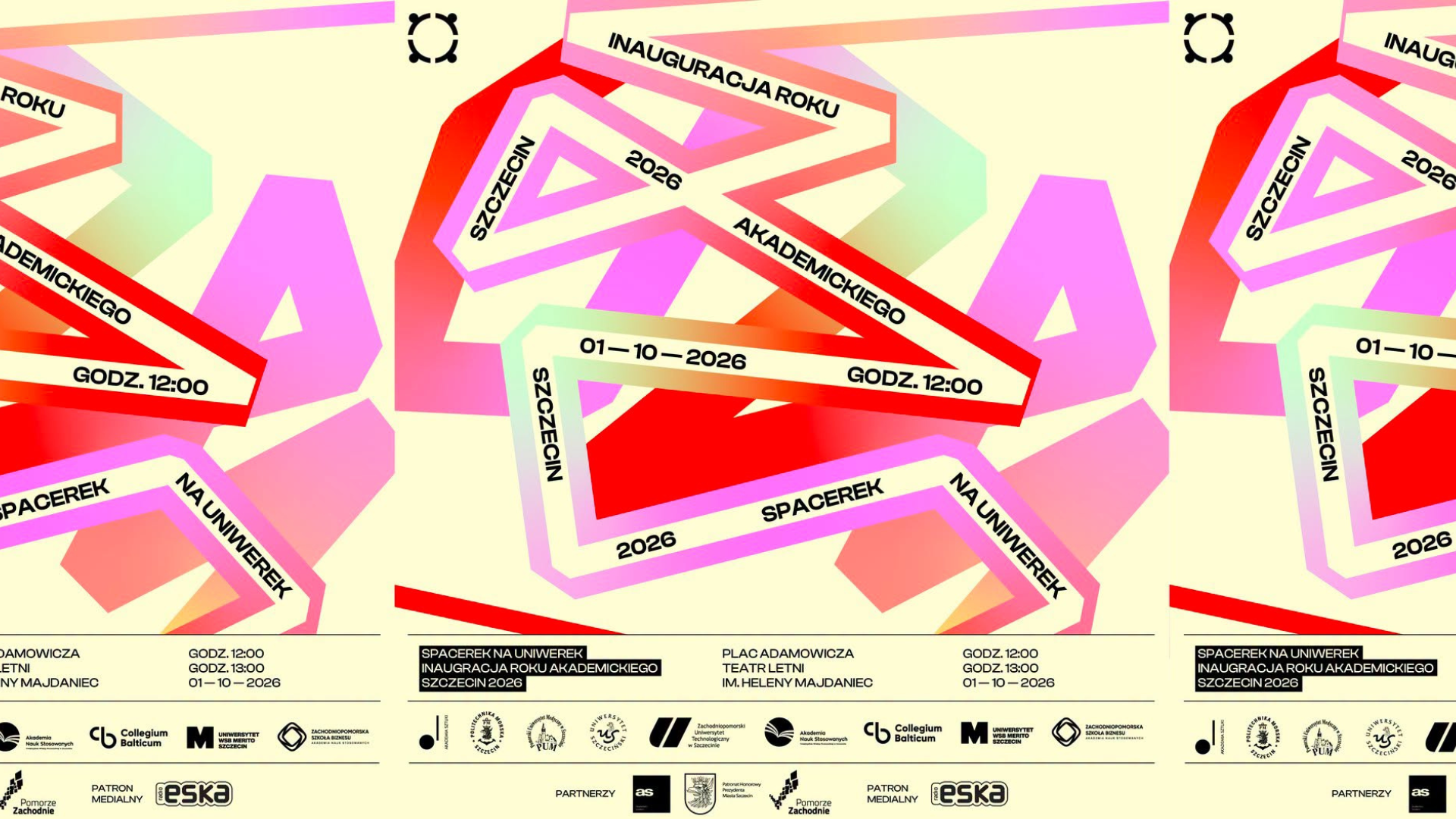 Grafika promująca „Spacer na Uniwerek – Inaugurację Roku Akademickiego Szczecin 2026”, która odbędzie się 1 października 2026 r. o godz. 12:00 na placu Adama Mickiewicza przed Teatrem Letnim im. Heleny Majdaniec w Szczecinie. Kolorowa, geometryczna kompozycja zawiera informacje o wydarzeniu oraz logotypy uczelni, partnerów i patronów medialnych.