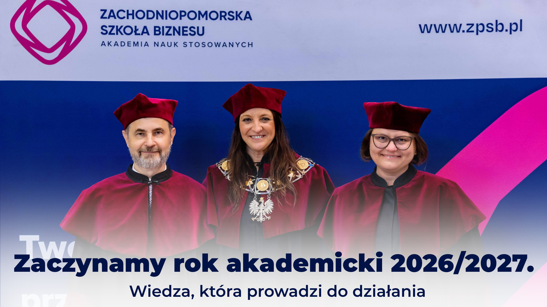 Rekotrzy ZPSB-ANS, dr Cezary Hendryk, dr Justyna Osuch-Mallett i dr n.tech. Dorota Dżega-Pietruszkiewicz, na tle granatowego tła z magentowym logotypem uczelni.