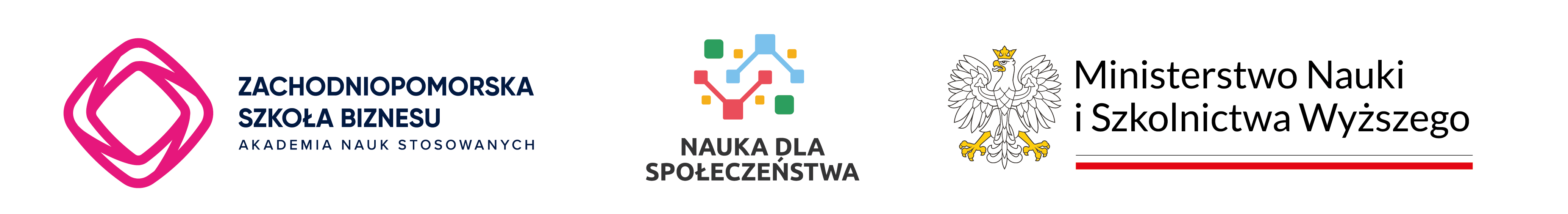 Logotypy: Zachodniopomorskiej Szkoły Biznesu, Nauk dla Społeczeństwa. Ministerstwo Nauki i Szkolnictwa Wyższego