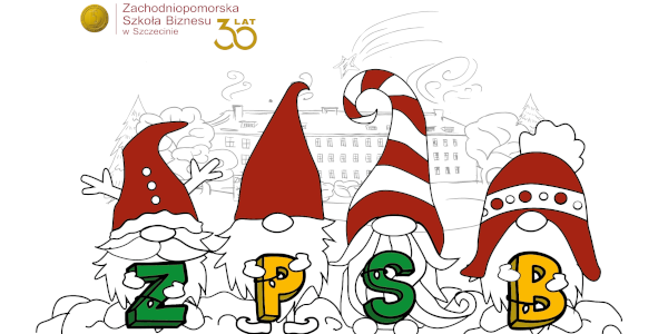 Ilustracja rysunkowa przedstawiająca czterech Św. Mikołajów. Każdy z nich trzyma jedną literkę, które razem tworzą napis "ZPSB".